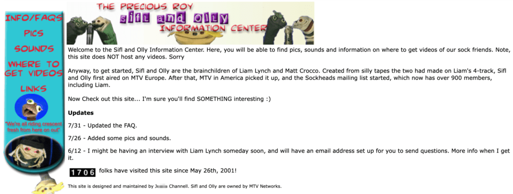 A screenshot of J.M. Channell's 2000-era Sifl and Olly website